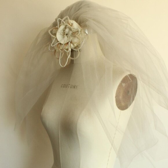 Vintage 1940s 1950s Bridal Veil With Tulle And Pearl Trim, Winter White Blusher - Picture 5 of 10